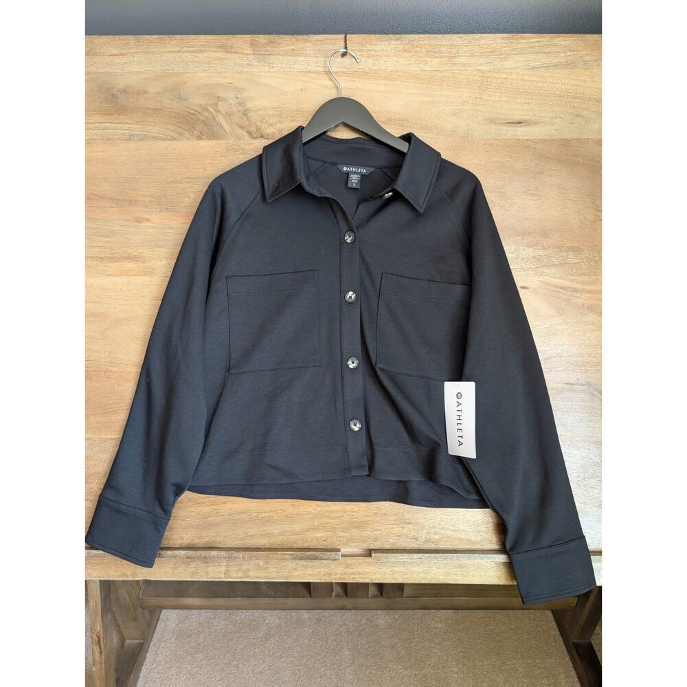 Athleta Allure Shirt Jacket Womens Large Black Crop Long Sleeve Button Front NWT